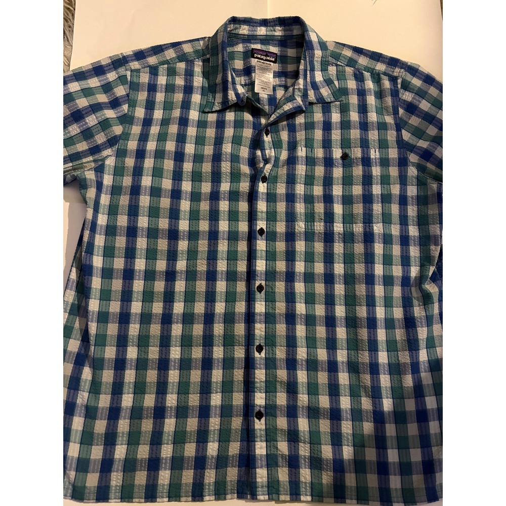 Patagonia Mens XL Seersucker Plaid‎ Short Sleeve Button Up Shirt Blue Green